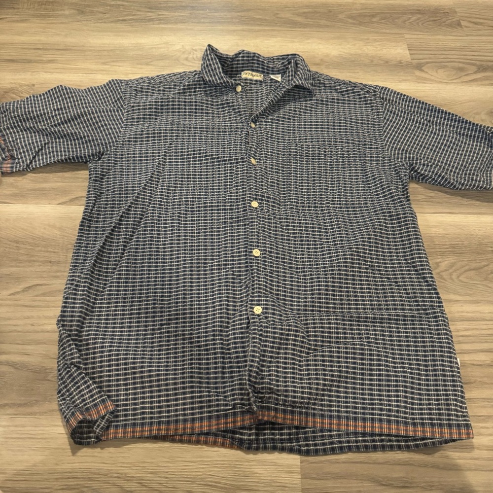 Intrinsic Large Plaid Textured Short Sleeve Button Down Casual Shirt